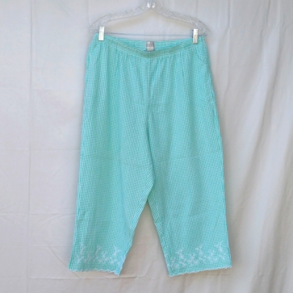 Vintage Koret Green Gingham Pull-on Casual Capris High Waist Women's Large